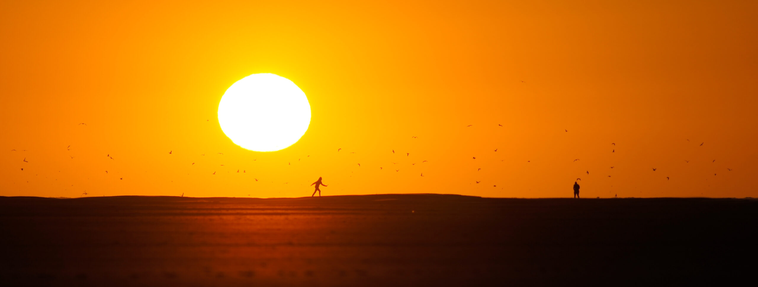 twee silhouetten op het strand bij zonsondergang